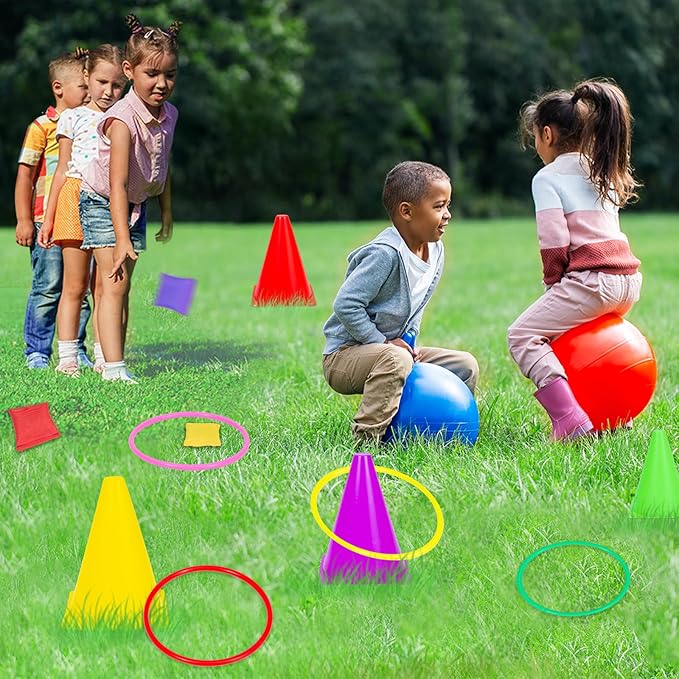 Carnival Outdoor Games Combo Set for Kids, Soft Plastic Cones Bean Bags Ring Toss Game, Activity Agility Set,Field Day Family Reunion Yard Lawn, Birthday Party Easter, Spring Fall Game
