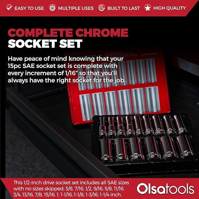 Olsa Tools SAE Deep Socket Set - 1/2-Inch Drive, 18pc - 6-Point Chrome Sockets from 3/8" to 1-1/4" and No Skipped Sizes - Mechanic Deep SAE Socket Set - Professional Grade Long Sockets - Part: 1319