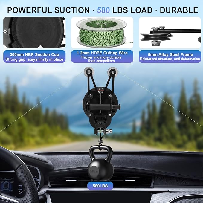 Auto Windshield Glass Removal Tool Kit with Heavy-Duty 200mm Suction Cup, 580lbs Load Capacity, Self-Locking System & 1.2mm Thick Reinforced Cutting Wire for Fast and Safe Glass Separation