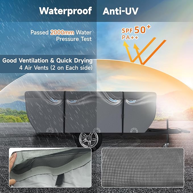 VINPATIO Pop Up Camper Cover - Grey, Folding Camper Tent Trailer Cover for 8'-10' Trailers, Waterproof & Anti-UV with Windproof Straps