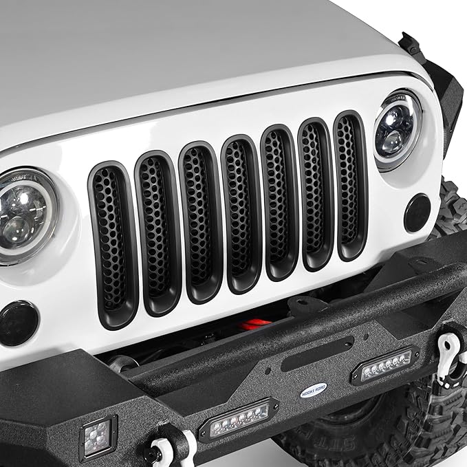 Hooke Road Matte Black Grill Inserts Front Mesh Grille Cover for 2007-2015 Jeep JK Wrangler & Unlimited Wrangler Accessories (7PCS Black + 1PCS White)