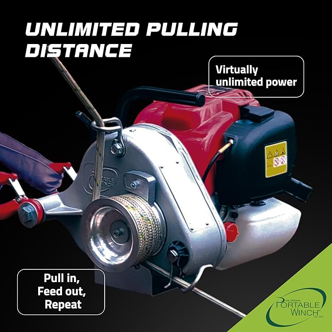 Portable Winch PCW3000-A Gas-Powered Capstan Winch with Accessories - 1,600 lbs Pulling Capacity Winch, Honda GX-35 Engine Portable Gas Winch for Hunting, Logging, and Towing