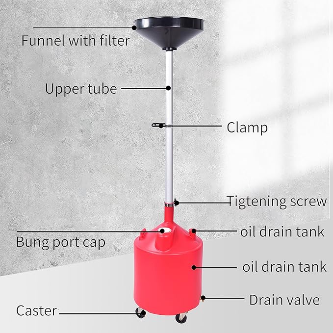 Aain A46A 18 Gallon Industrial Waste Oil Drain Tank,Oil Changing,Portable Waste Oil Change Tank With Wheels and Adjustable funnel height for car, Funnel Drain, Red