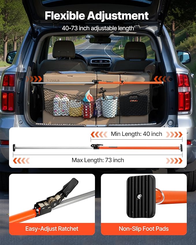VEVOR Cargo Bar, Ratcheting Cargo Bars Adjustable from 40" to 73", Heavy-Duty Steel Cargos Stabilizer with Storage Net & Divider Bar, Telescoping Load Lock Bars for SUVs, Sedans