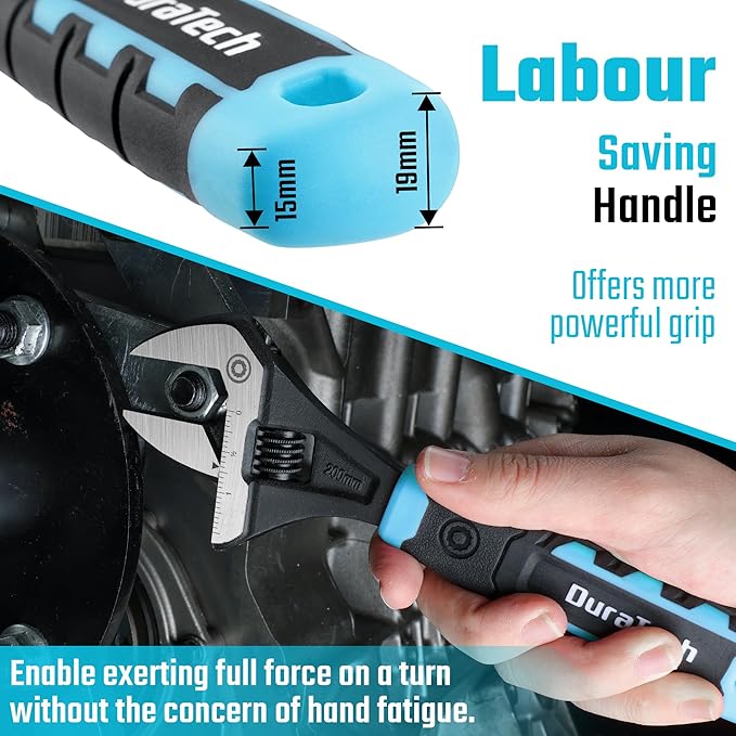 DURATECH 8-Inch Adjustable Wrench, Wide Jaw Opening Plumbing Wrench, CR-V Steel, SAE and Metric Scale Marked, Ergonomic Grip