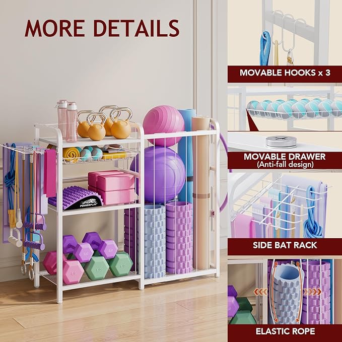 Home Gym Storage Rack - Exercise Equipment Storage Organizer for Yoga Mat Dumbbells Kettlebells Foam Roller & Resistance Bands, Ideal Yoga Mat Holder & Workout Equipment Organizer(White)