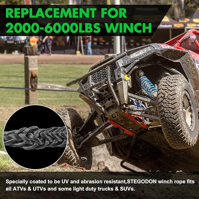 Synthetic Winch Rope, 1/4'' x 50ft 10,000LBS Synthetic Winch Line 1/4 Winch Cable Replacement Synthetic Rope with Forged Winch Hook and Rubber Stopper for 4WD Off Road Vehicle ATV UTV (Gray)