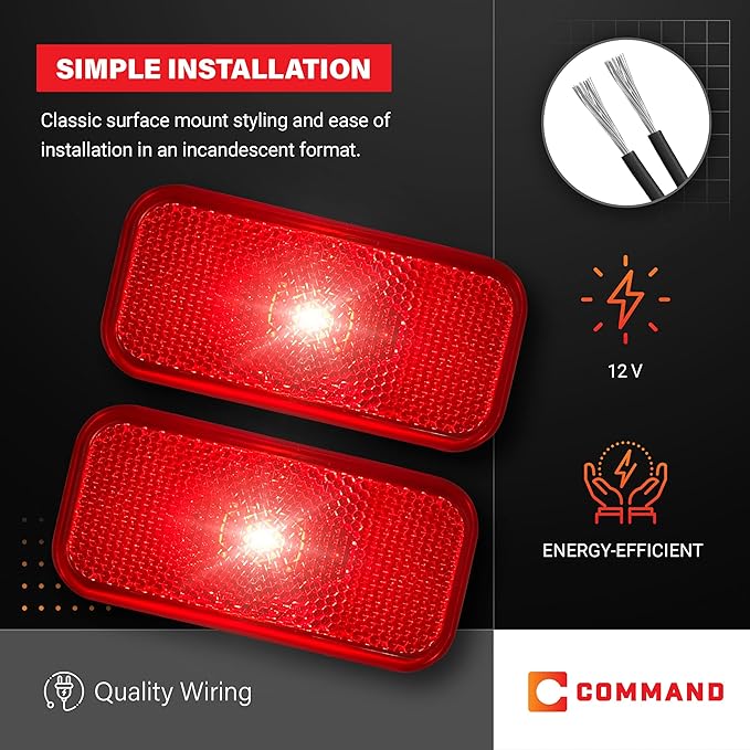 Command Electronics OEM 12V Modern Incandescent RV & Trailer Clearance Light – Made in USA – Red, White Base – 2-Pack