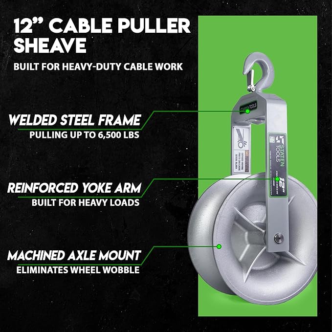 12" Diameter, Cable Puller Sheave, Hook, Wire, Rope | Capacity 6500lb for Greenlee Pullers 640,6801,6001 | Staten Tools