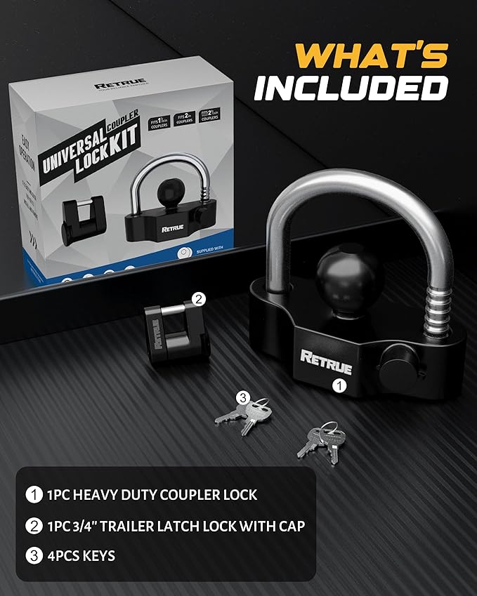 RETRUE Keyed Alike Heavy Duty Coupler Lock Set Trailer Lock Kit Include Universal Coupler Lock & Trailer Tongue Coupler Lock All Black Set