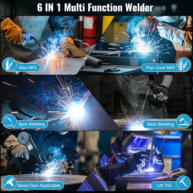 FLARING 215Amp MIG Welder 120V/240V 6 IN 1 Welding Machine Flux Core/Gas MIG/Stick/Lift TIG/Spot welding/Spool Gun Multi-Process Aluminum Welding 2lbs/11lbs Wire Competible LED Display Portable Welder