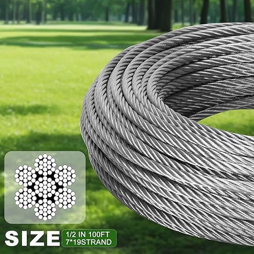 1/2" Stainless Steel Cable 100FT, 7x19 Strands Wire Rope Cable, 23000 lbs Breaking Strength, Stainless Steel Wire with M12 Clips Clamp and Thimbles for Dock, Boat Lift Cable, Winch Cable