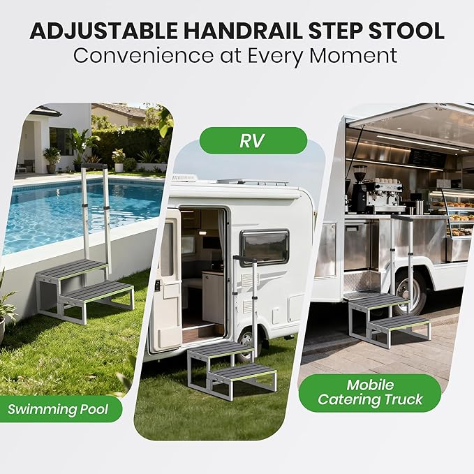 RV Steps with Handrail (26"-38"), Dual-Side Setup, Portable 2-Step RV Stairs with Wide Anti-Slip Mats, Ideal for RVs, Porches, Hot Tubs, Pools, and Pets