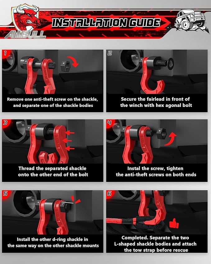 3/4" D Ring Separate Shackles, 52,910lbs Break Strength Easy Open Towing Winch Shackles, Heavy Duty Shackles with 7/8" Screw Pin for Tow Strap Winch Off Road Vehicle Recovery, RedRed