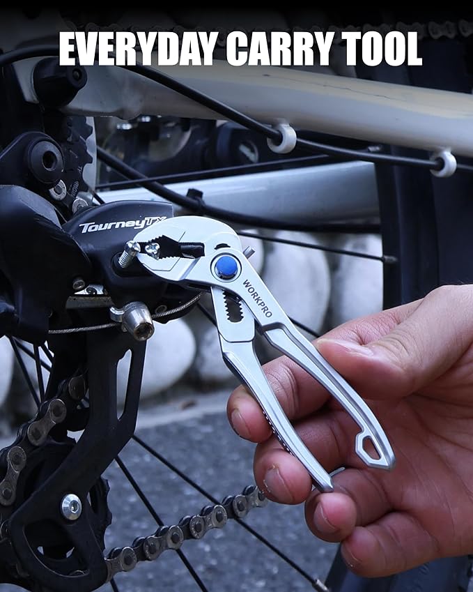 WORKPRO Mini Water Pump Pliers, 4-Inch Groove Joint Pliers, Fast Adjustable Tongue and Groove Pliers with 15-Position Push-Lock, V-Jaw for Multi-Surface Grip, Ideal for Tight Spaces and Versatile Use