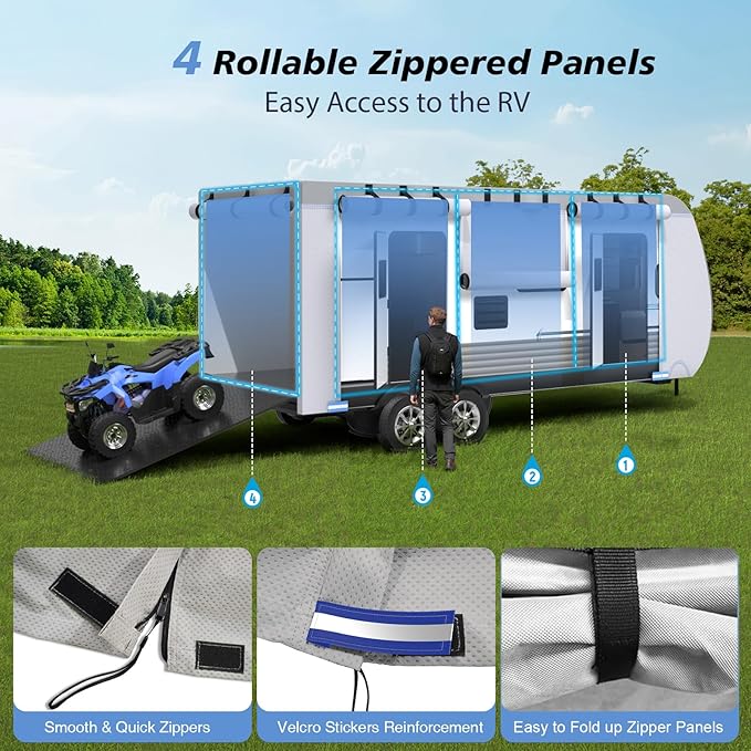 RV Cover 24-27ft, 7 Layers Rip-Stop Travel Trailer RV Cover, Heat & Cold Protection Camper Cover with 4 Zippered Access Panels Design, Carry Bag, Windproof Straps, 4 Tire Covers