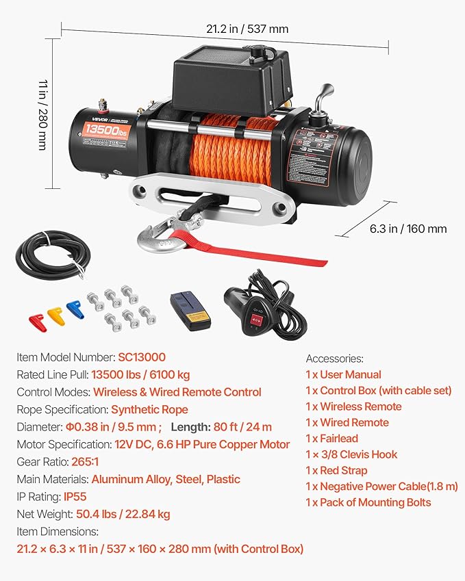 VEVOR 13,500 lb Electric, Truck Winch 12V DC 3/8 in x 80 ft Synthetic Rope Aluminum Fairlead Wireless & Wired Remote Control, 13500 lbs, IP55 Waterproof Towing for Off Road Jeep SUV Boat