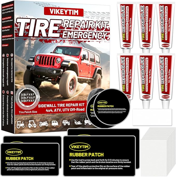 Sidewall Tire Repair Kit, Off-Road 4x4 Emergency Tire Patch Kit, UTV ATV Outdoor No Need to Remove Rubber Patch Kit Scratch or Puncture Repair Off-Road Accessories
