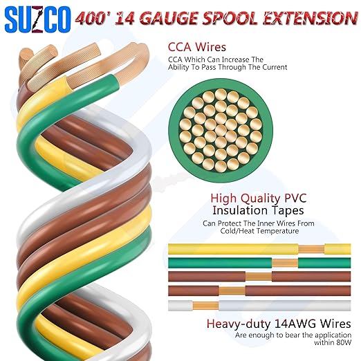 SUZCO 400Ft Enough 14AWG CCA【2-Brown-Wires】 4 Color-Coded 4-Way 5-Wire Bonded Trailer RV Camper Towing Hitch Wiriing Spool, 5-Flat Wishbone SAE J1128 for All Basic Wire Trailers