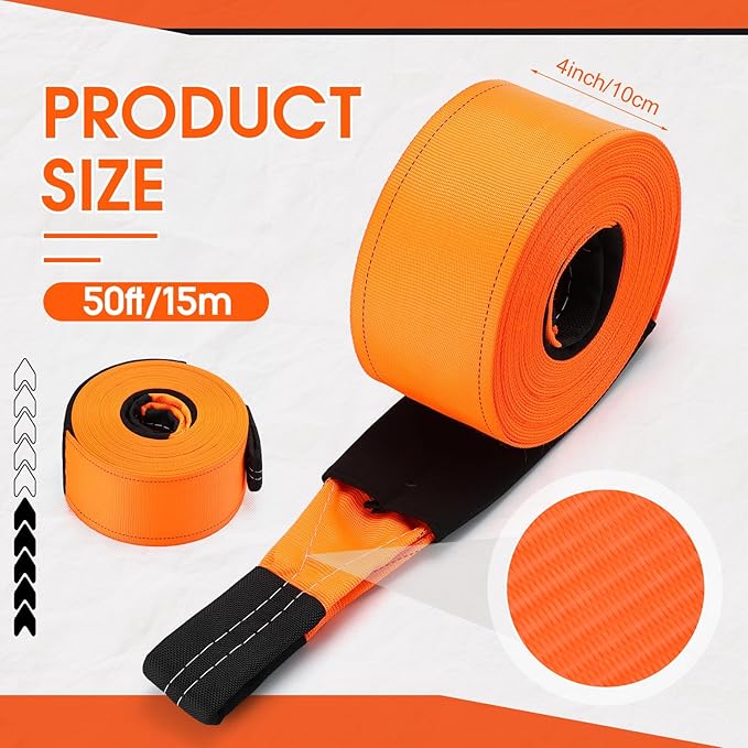 Windyun 4" x 50 ft Recovery Tow Strap Road Straps Heavy Duty Tow Rope Recovery Rope with Reinforced Loops and Protective Sleeves for Vehicle Truck Winching Gear Accessories 20, 000 Lbs