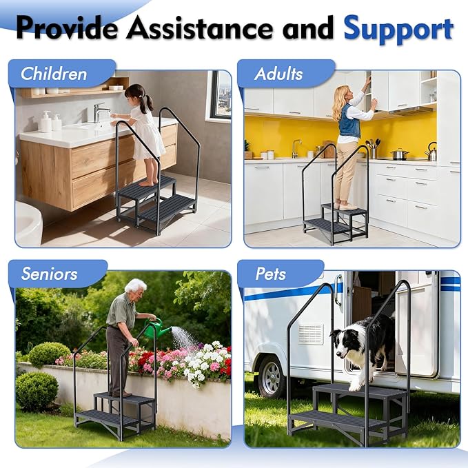 2-Step RV Steps with Dual Handrails, Heavy-Duty Mobile Home Ladder Portable Stairs for RV, Hot Tub, Outdoor Porches with Non-Slip Mats