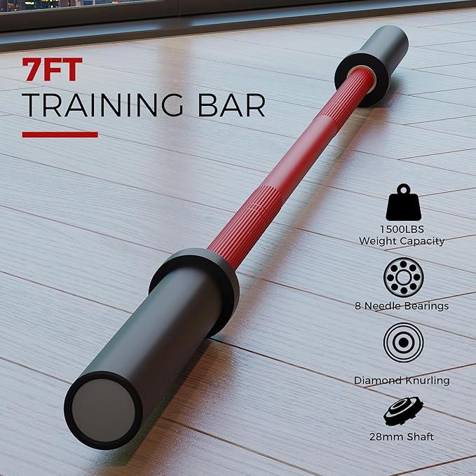 7ft Olympic Barbell 45 lb - 1000LB Capacity Weight Lifting Bar with Hard Chrome Finish, 28mm Grip & Needle Bearings, Fits 2" Plates for Powerlifting, Deadlift, Bench Press, and Home Gym