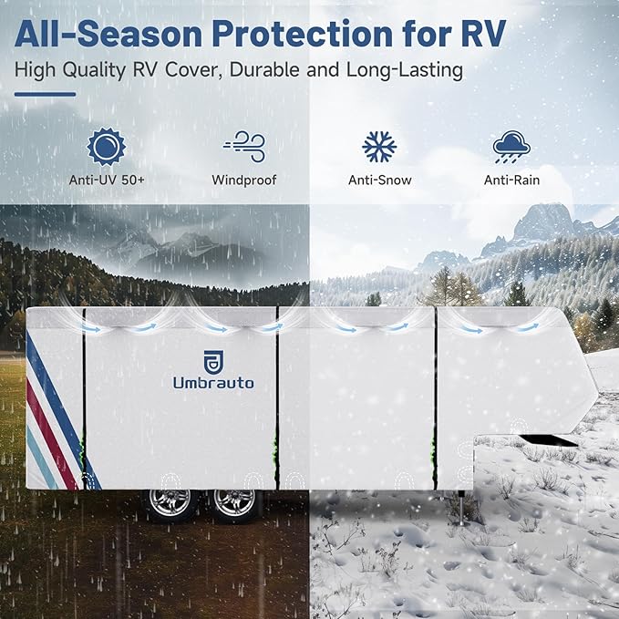 Umbrauto 5th Wheel RV Cover Upgraded 300D Waterproof Breathable Camper Covers Fits 37' - 40' Travel Trailer Motorhome with 2Pcs Extra Straps & Gutter Covers