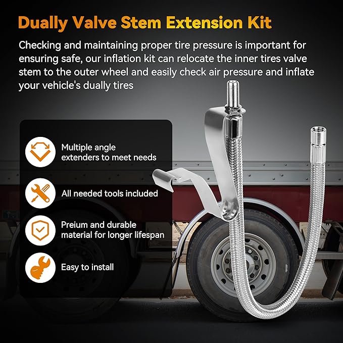 Dually Valve Stem Extenders Kit, Stainless Steel Braided Valve Stem Extension fits 16" to 19-1/2" Dual Wheels Tire Valve Extension for Most Cars Motorhome RVs Trailers Trucks