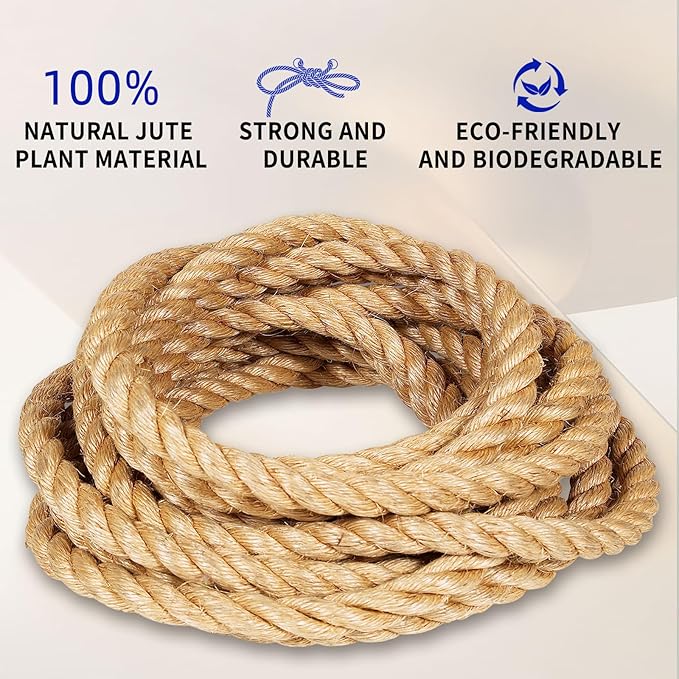 Jute Rope (3/4 in X 50 ft),Twisted Manila Rope,20mm Natural Thick Hemp Rope Heavy Duty Tug of War Ropes Thick Rope for Crafts Railing Gardening Bundling Hammocks Home Decorating