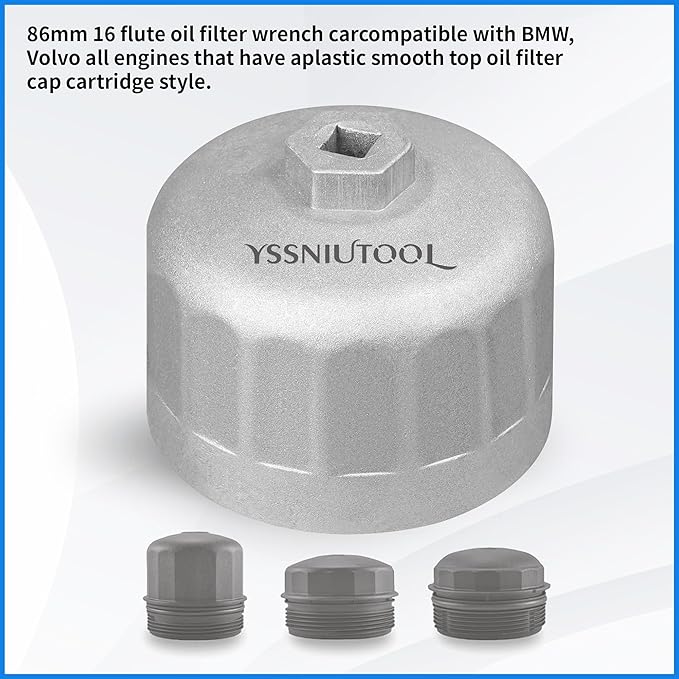 86.6mm 16 Flutes Oil Filter Wrench for Volvo and BMW With 86mm 16 Flutes Cartridge Style Oil Filter Housing Caps, Oil Filter Removal Tool For Changing Oil (silver)