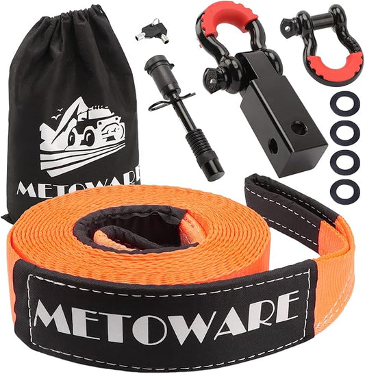 METOWARE Heavy Duty Tow Strap Recovery Kit - 3" x 30ft(35,000lbs) Winch Strap + 3/4" D Ring Shackles(2pcs) +2" Shackle Hitch Receiver + 5/8 Locking Pin + Storage Bag - Truck, SUV, ATV Off Road