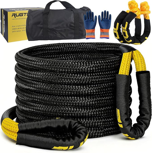 Kinetic Recovery Rope, 1 inch x 30 Feet Heavy Duty Kinetic Tow Ropes with 2Pcs Soft Shackles 30864 LBS Break Strength, Snatch Towing Strap Rope Kit for Offroad Vehicle Truck ATV UTV Car Tractor