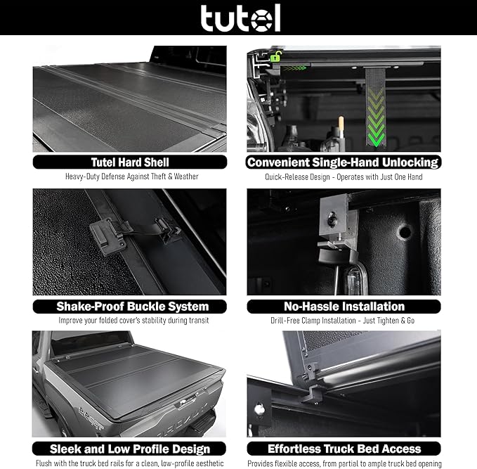 Tutel Low Profile Hard Shell Folding Truck Bed Tonneau Cover|Fits 2022-2026 Ford Maverick 4'6" Bed (54.4") - TTLTMLPT037