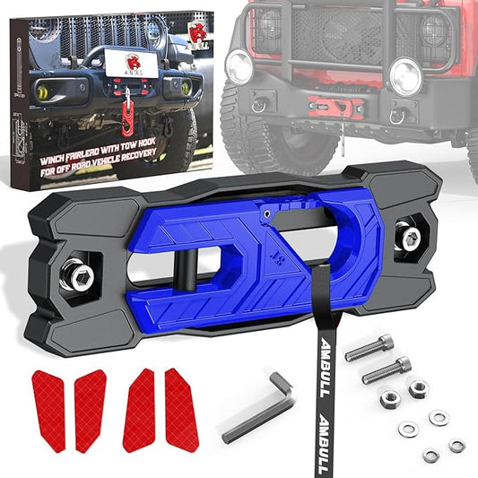 Winch Fairlead with Tow Hook, Aluminum Hawse Fairlead with Grade 80 Forged Steel Winch Hook, 33000lb Break Strength Winch Fairlead Hook Set for Off-Road Vehicle Recovery, BlackBlue