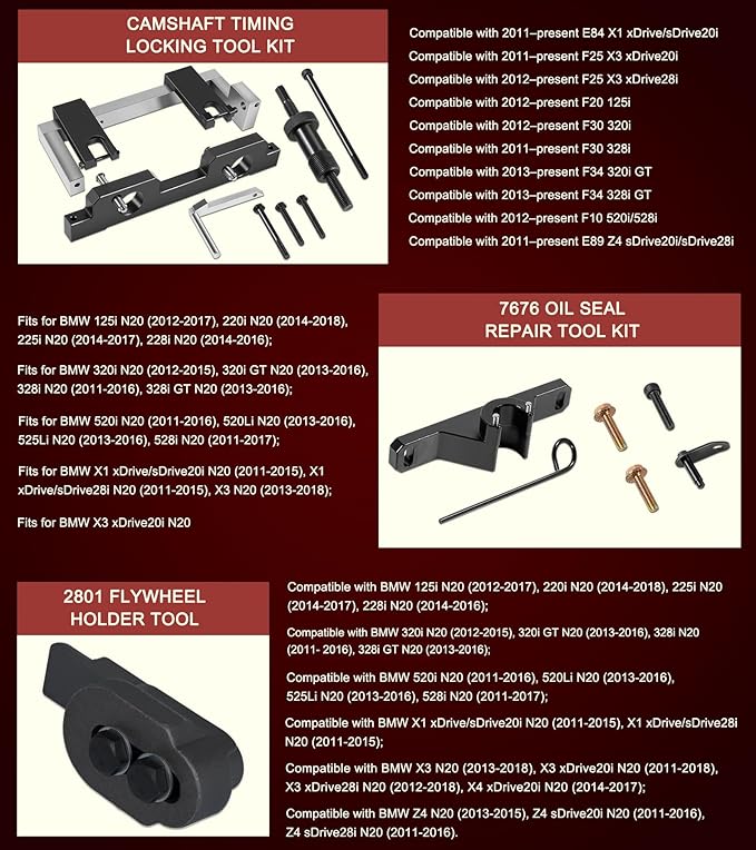 16PCS Engine Camshaft Timing Locking Tool Kit Fits for BMW N20 N26 Engines, with 2801 Flywheel Holder + 7676 Oil Seal Repair Kit + Fuel Injector Removal Tool, Engine Alignment Locking Timing Tool Kit