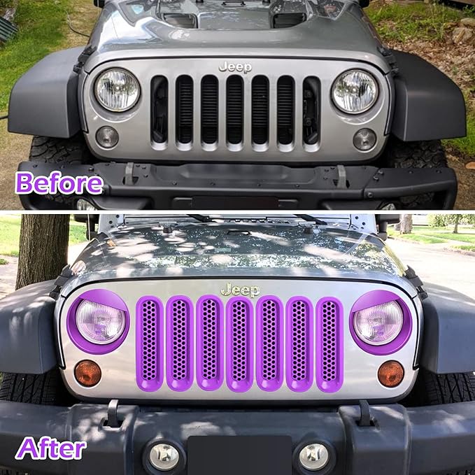 E-cowlboy Front Grille Mesh Inserts & Headlight Cover for 2007-2017 Jeep Wrangler JK JKU Unlimited Sport Rubicon Sahara Clip-in Grille Cover Guard Angry Bird Headlight Bezels Trim (Matte Purple)