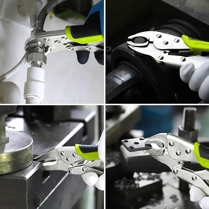 FASTPRO 4-Piece Locking Pliers Set with Heavy Duty Grip, 5", 7" and 10" Curved Jaw, 6-1/2" Long Nose Locking Pliers Included, Vise Grip Wrench Set, Green