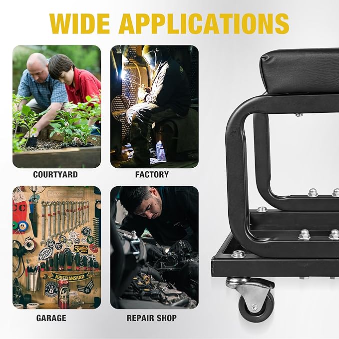 YELLOW JACKET Mechanic Rolling Stool 250 Lbs Capacity, Garage Stool on Wheels with Tool Tray Storage, Work Stools with Wheels for Garage, Shop, Mechanic Chair with Wheels, Auto Repair