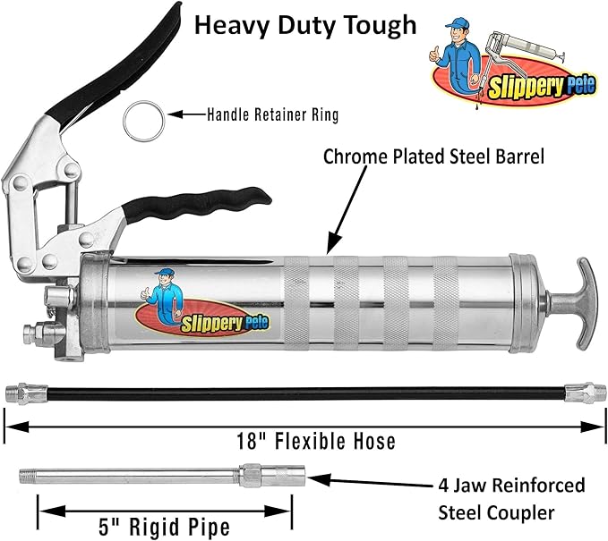 Slippery Pete Pistol Grip Grease Gun - Long Lasting Heavy Duty Steel Construction - Lubricate Tractors, RV's and Cars - Uses 14 Ounce Grease Cartridges