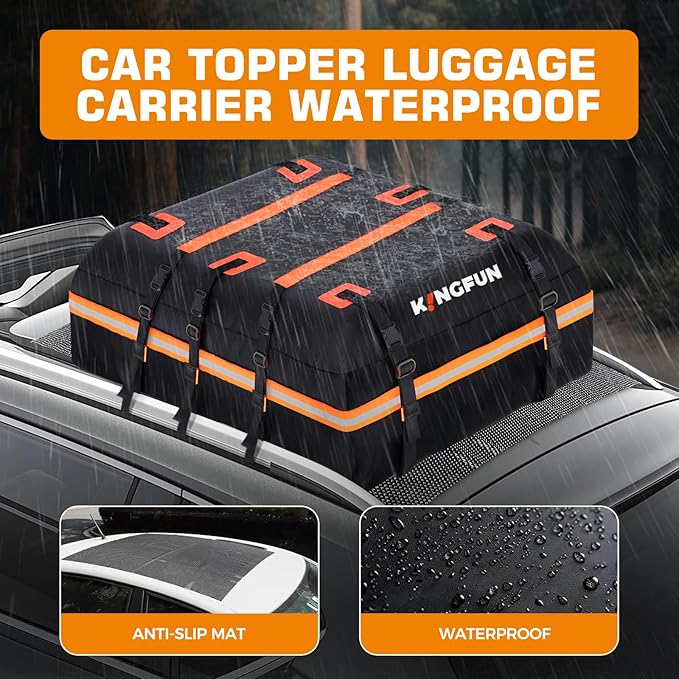 Kingfun Car Rooftop Cargo Carrier – Waterproof 20 Cubic Feet Car Roof Bag Fit All Vehicles with/Without Roof Racks, Includes Anti-Slip Mat, 8 Reinforced Straps & 6 Door Hooks, Luggage Locks