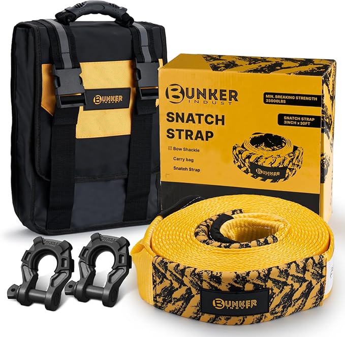 BUNKER INDUST Heavy Duty Tow Strap Recovery Kit, 3" x 30ft Recovery Straps + Pair 3/4 D Ring Shackles + Bag 35,000 lbs Tree Saver Winch Strap - Emergency Vehicle Off Road Towing Rope
