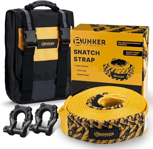 BUNKER INDUST Heavy Duty Tow Strap Recovery Kit, 3" x 30ft Recovery Straps + Pair 3/4 D Ring Shackles + Bag 35,000 lbs Tree Saver Winch Strap - Emergency Vehicle Off Road Towing Rope