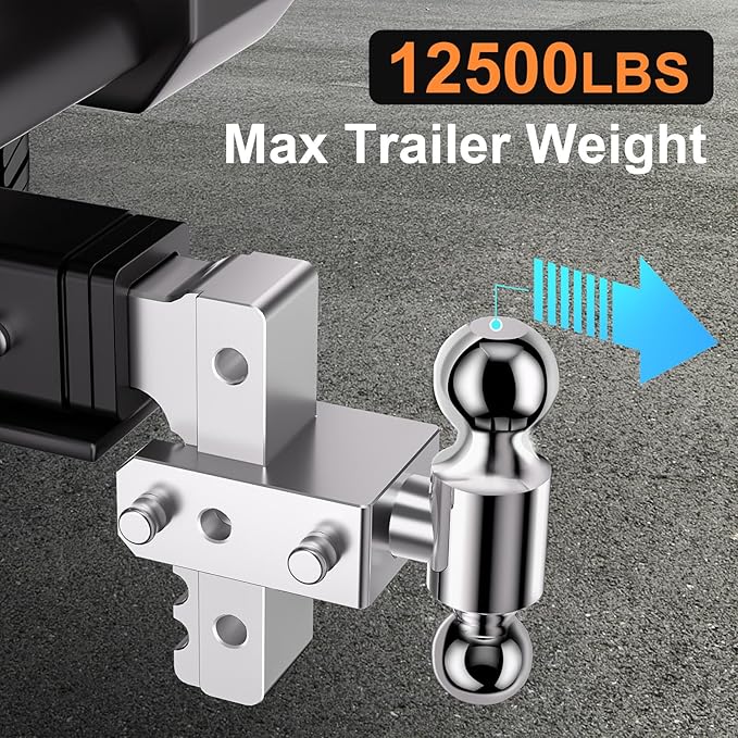 Adjustable Trailer Hitch, Fits 2-Inch Receiver, 6-Inch Drop/Rise for Trucks (12500 LBS GTW), Heavy Duty Aluminum Tow Hitches with 4 Silencer Pads & 2 Locking Hitch Pin, Silver