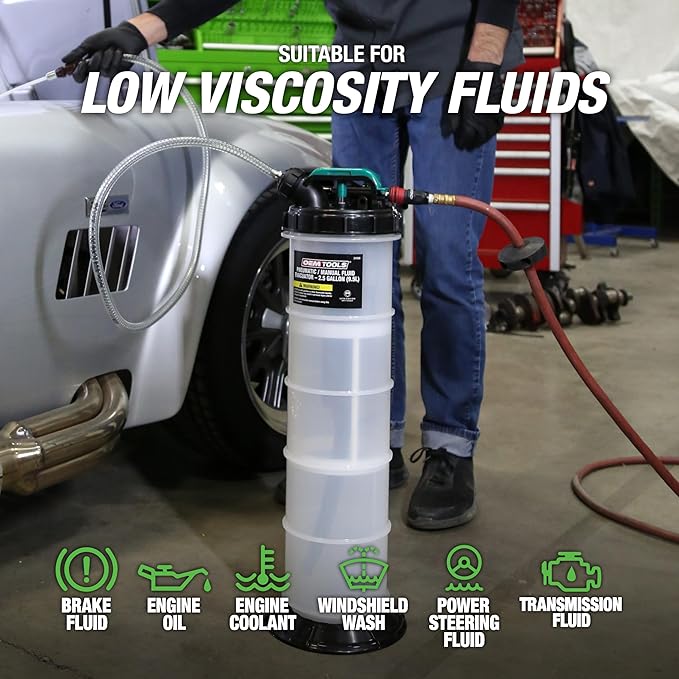 OEMTOOLS 24938 Pneumatic/Manual Fluid Extractor, 2.5 Gallon (9.5L) Oil Extractor Pump, for Coolant, Transmission, and Power Steering Fluid, 2 Dipstick Adapters, 5ft Hose