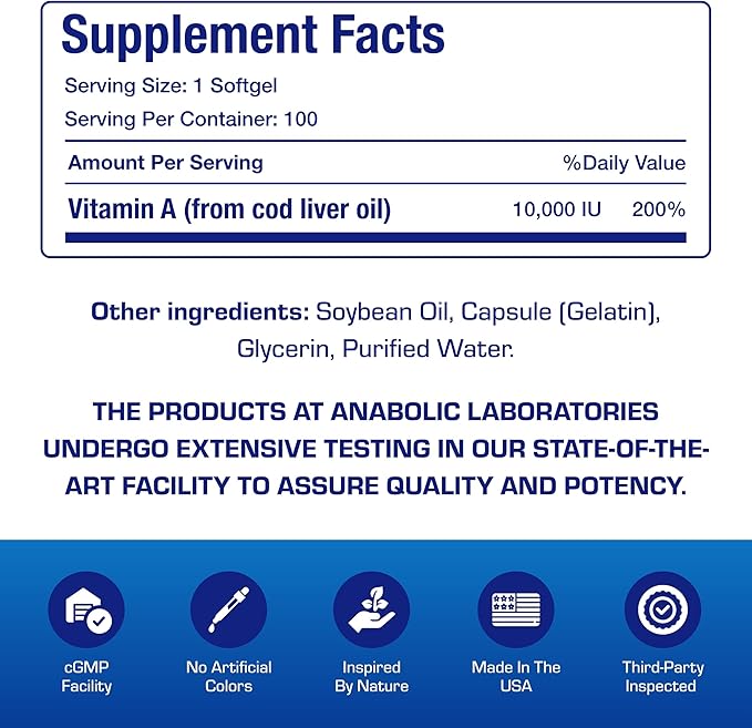 Vitamin A 10000 IU Softgels - Clinical Formula Vitamin A Supplement from Cod Liver Oil with Broad Spectrum Retinoids for Eye Care Vision Support & Reproductive Health - Made in The USA - 100 Servings