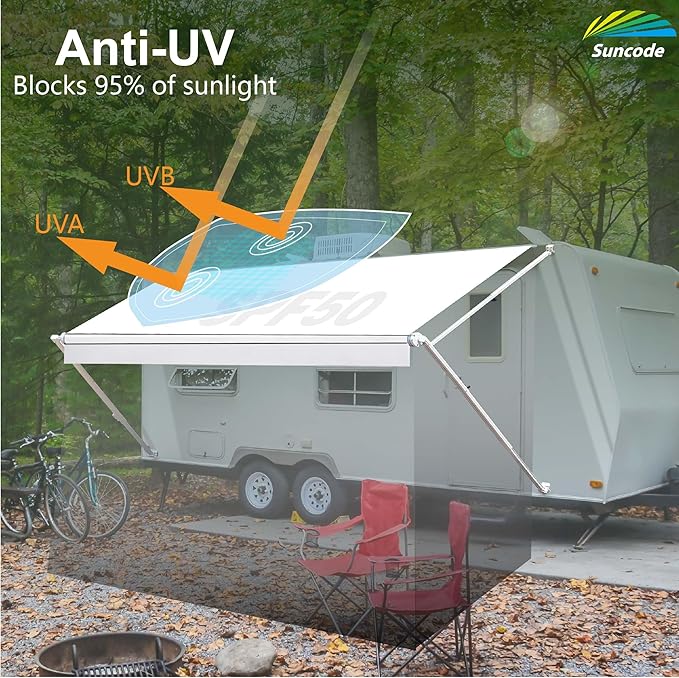 Suncode RV Awning Fabric Replacement Waterpoof Universal Outdoors Canopy for Camper,Trailer,and Motorhome Awning Replacement Premium Grade Vinyl RV Canopy Replacement 19'(Fabric 20'2") White