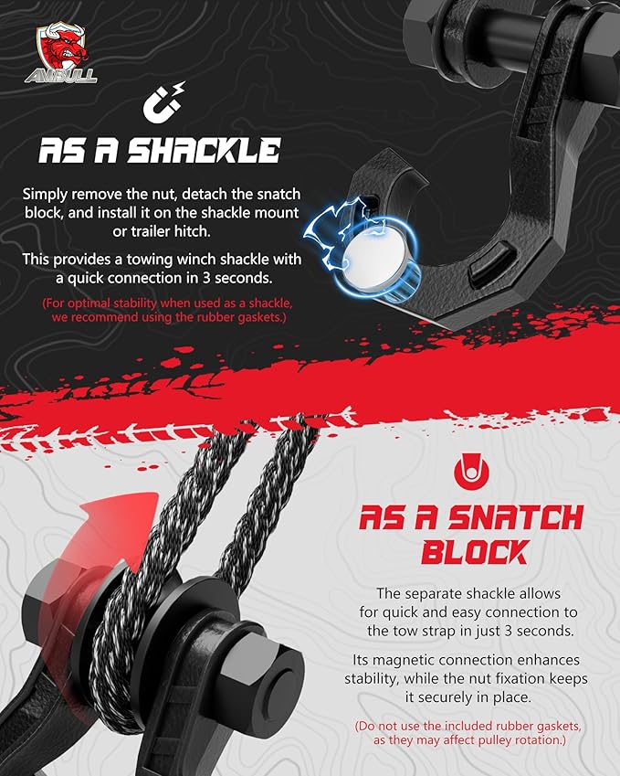 D Ring Separate Shackle with Snatch Block 2 Set, 3/4" Shackles w/Snatch Block Pulley, Heavy Duty Shackle for Towing Winch, Pulley for Off-Road Vehicle Recovery, Truck, ATV, UTV, BlackBlack