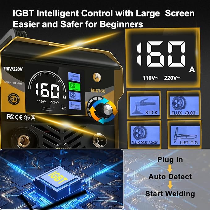 MIG Welder Portable Welding Machine: 160A 110V/220V Dual Voltage 3-in-1 Flux Core Mig/Stick/Lift TIG Welding Set for Beginner - Indoor Outdoor Welders with IGBT Inverter Synergic Control LED Digital