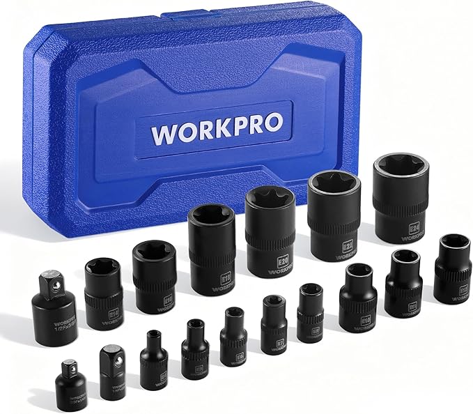 WORKPRO 17 PCS E-Torx Socket Set, Premium CR-V Female Star Sockets E4–E24, 1/4", 3/8", 1/2" Drive, Precision Inverted Torx Socket with Storage Case for Auto, Engine, and Mechanical Repair