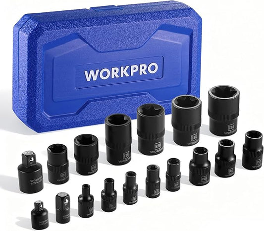 WORKPRO 17 PCS E-Torx Socket Set, Premium CR-V Female Star Sockets E4–E24, 1/4", 3/8", 1/2" Drive, Precision Inverted Torx Socket with Storage Case for Auto, Engine, and Mechanical Repair